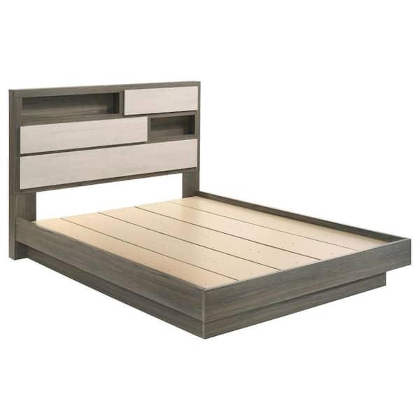 Benjara Fene Gray Wood Frame Queen Platform Bed with Bookcase Headboard