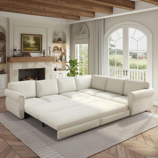 HULU 118 in. Alabaster White Rivet Chenille Upholstered Queen Size Sofa Bed