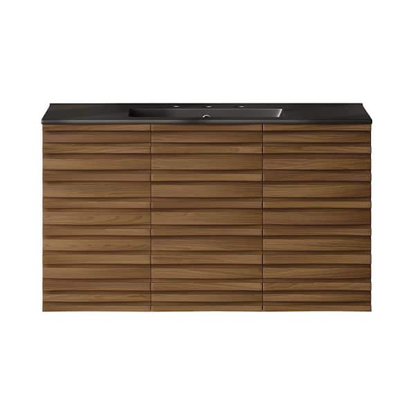 Swiss Madison Cascade 36 in. Wall-Mounted Bath Vanity in Brown Oak with Black Ceramic 3-Hole Widespread Sink Top