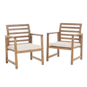 Natural Wood Lounge Chair with White Cushions 2-Piece Outdoor Natural Stained Acacia Wood Club Cushioned Chairs (2-Pack)