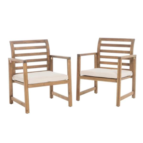 ITOPFOX Natural Wood Lounge Chair with White Cushions 2-Piece Outdoor Natural Stained Acacia Wood Club Cushioned Chairs (2-Pack)