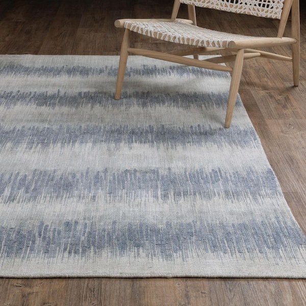 Cadence Blue/Ivory 9 ft. x 12 ft. Contemporary Striped Distressed Wool-Viscose Hand-Loomed Indoor Area Rug