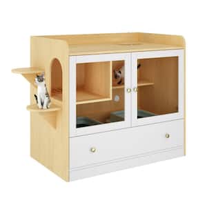 XL Large Cat Litter Box Furniture Hidden, Cat Cabinet Nightstand Side Table with Large Drawer and Stairs, White with Log