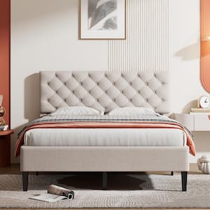 Beige Wood Frame Full Size Upholstered Linen Platform Bed