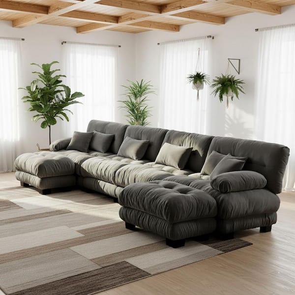 MINH 173.2 in. Pillow Arm 6-Piece Chenille Sectional Sofa with 2 Movable Ottomans, Cloud Like Comfort in Graphite Gray