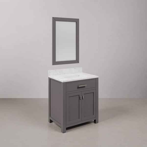 Madison 30 in.W x 21.5 in.D x 34 in.H Single Sink Bath Vanity in Cashmere Grey with Carrara White Marble Top and Mirror