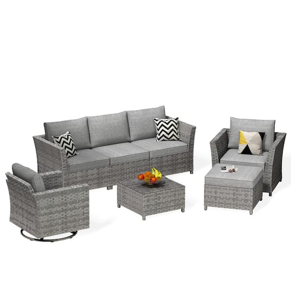 Bexley Gray 7-Piece Wicker Patio Conversation Seating Set with Dark Gray Cushions and Swivel Chairs