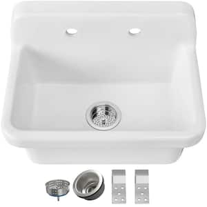 Farm Style 24 in. Wall Hung Fireclay Vitreous China Rectangular White Bathroom Sink High Back Utility Laundry Sink