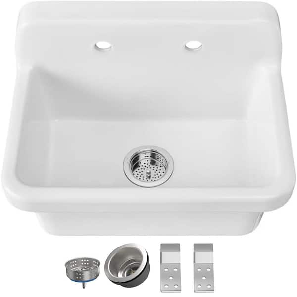 Aguamaph Farm Style 24 in. Wall Hung Fireclay Vitreous China Rectangular White Bathroom Sink High Back Utility Laundry Sink