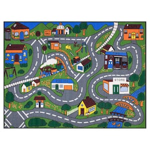 Kid's Collection Non-Slip Rubberback Educational Town Traffic Play 5x7 Area Rug, 5 ft. x 6 ft. 6 in., Green/Multicolor