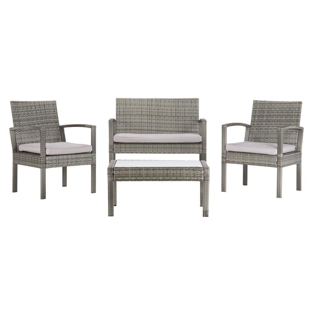 SAFAVIEH Bassey Gray 4-Piece Wicker Patio Conversation Set with Gray ...