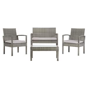 Bassey Gray 4-Piece Wicker Patio Conversation Set with Gray Cushions