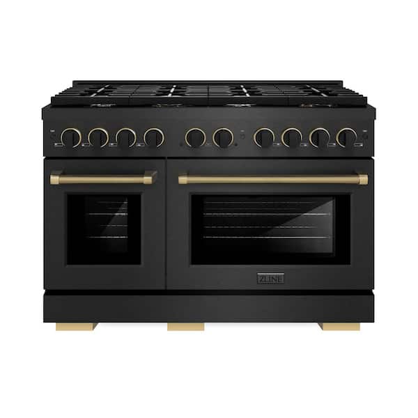 Designer 48 in. 6.7 cu. ft. Double Oven Gas Range with 8 Burner Cooktop in Black Satin with Black and Champagne Accents