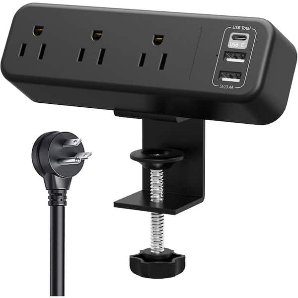 3-Outlet Desk Clamp Power Strip with USB Port and 6.5 ft. Plug Extension Cord in Black