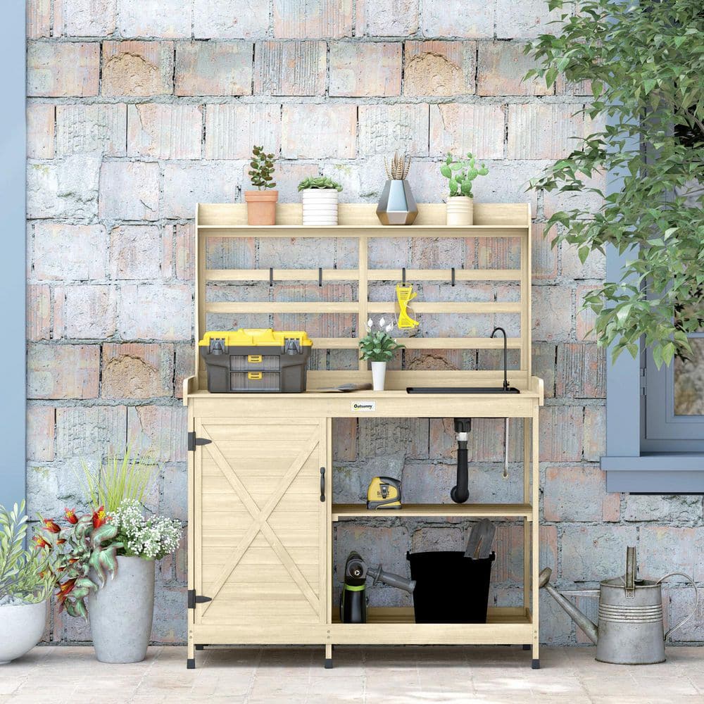 Natural Wooden Potting Bench with Storage and Sink