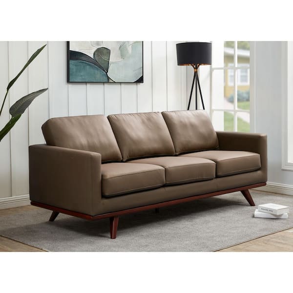 Leisuremod Chester 83.03 in. Square Arm Leather Rectangle 3-Seater with Removable Cushions Sofa with Birch Wood Frame in Taupe