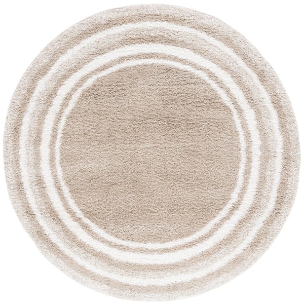 SAFAVIEH Border and Stripe Shag 7 ft. x 7 ft. Beige/Ivory Concentric Border Round Area Rug