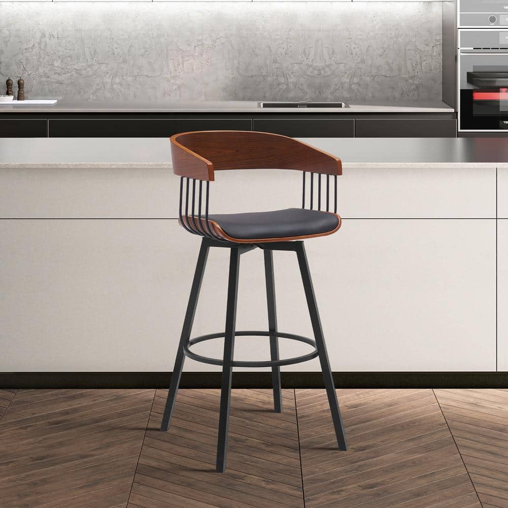Athena Swivel 27 in. Black/Walnut and Black Metal/Wood Counter Stool with B