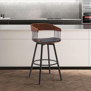 Athena Swivel 27 in. Black/Walnut and Black Metal/Wood Counter Stool with Black Faux Leather Seat
