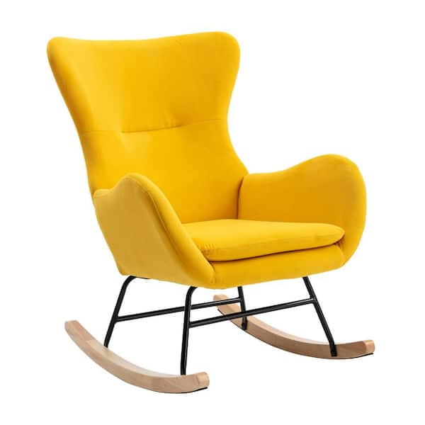 LY & S Collection Yellow Velvet Fabric Padded Seat Rocking Chair With High Backrest And Armrests