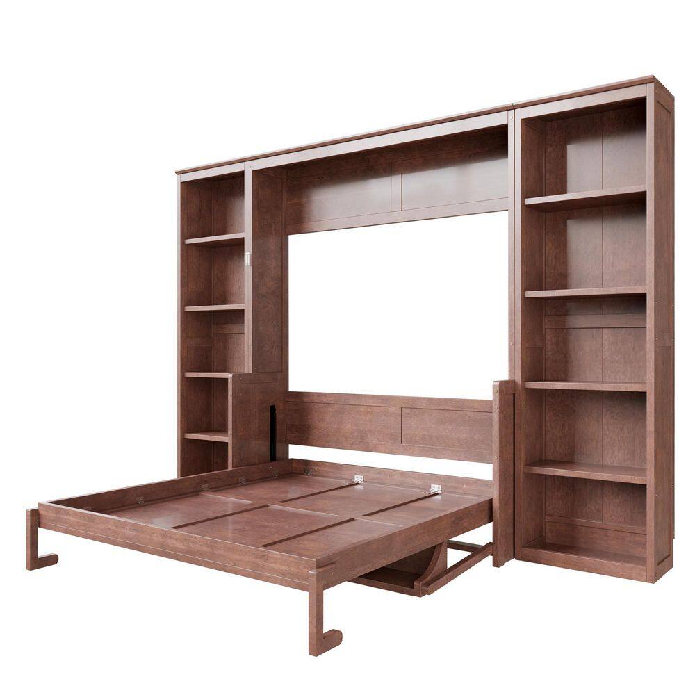 Dark Brown Wood Frame Queen Size Murphy Bed Wall Bed with Storage Bookshelves - thumbnail 6