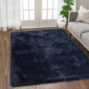 Tie-Dyed 10 ft. x 13 ft. Fluffy Area Rugs Non-Skid with Faux Fur Back in Navy