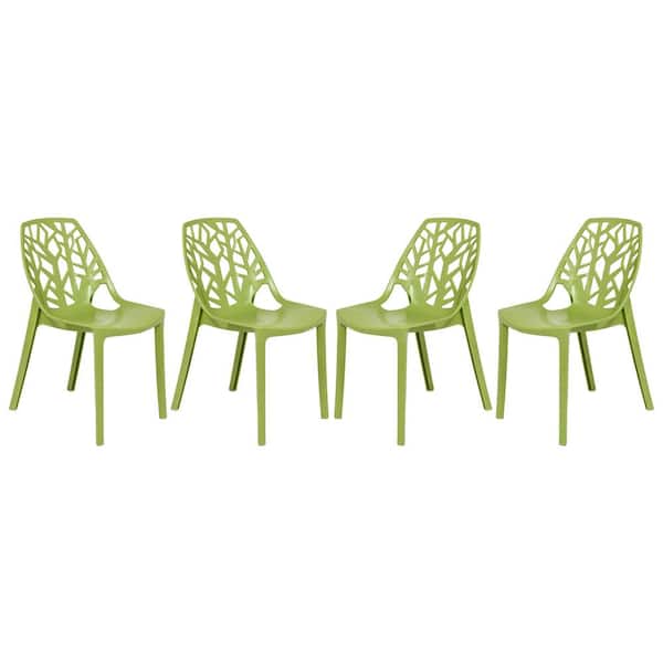 Leisuremod Cornelia Modern Spring Cut-Out Tree Design Stackable Dining Side Chair Solid Green (Set of 4)