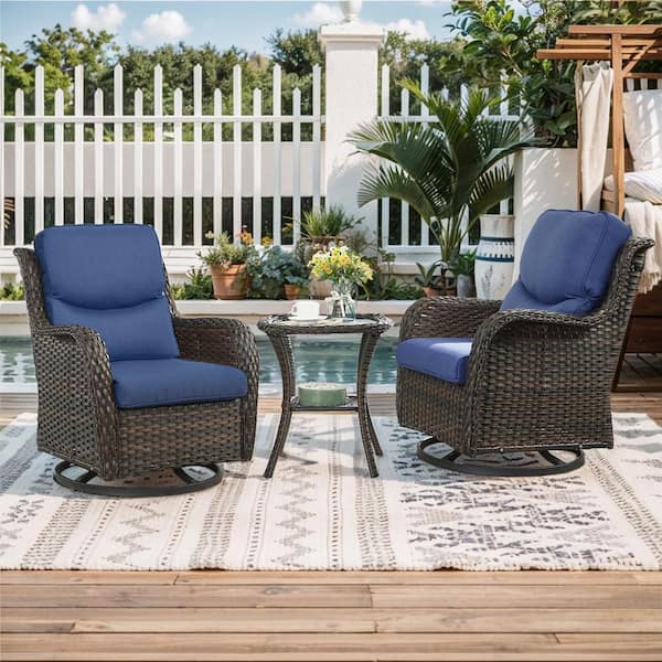 Crescent 3-Piece Brown Wicker Swivel Outdoor Rocking Chairs Patio Conversation Set with CushionGuard Blue Cushions