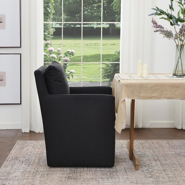 Black Performance Fabric Upholstered Down Cushion Rolling Dining Armchair