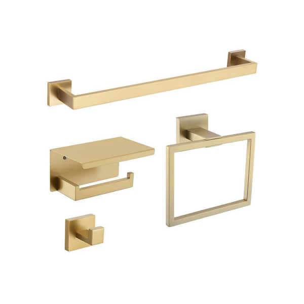 4-Piece Bathroom Hardware Set with Towel Bar Toilet Paper Holder Shelf and Accessories in Brushed Gold Finish