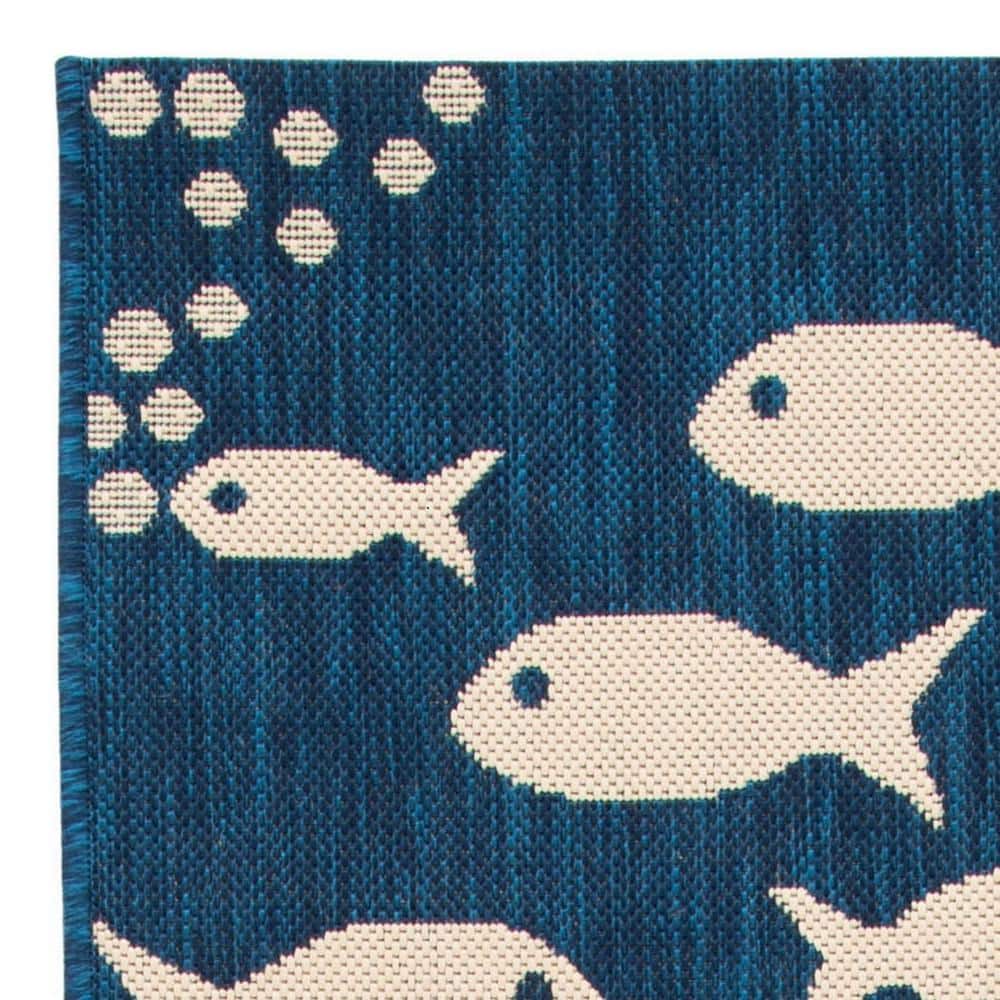 Navy and Beige Synthetic Fish Pattern Runner Rug