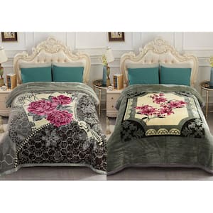Green Floral 2-Ply Reversible Polyester Fleece Mink 85 in. x 93 in. 10 lbs. Winter Blanket