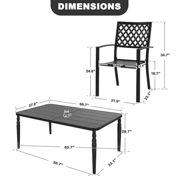 Black 7-Piece Metal Rectangle Outdoor Dining Set with 6 Stackable Chairs and Umbrella Hole