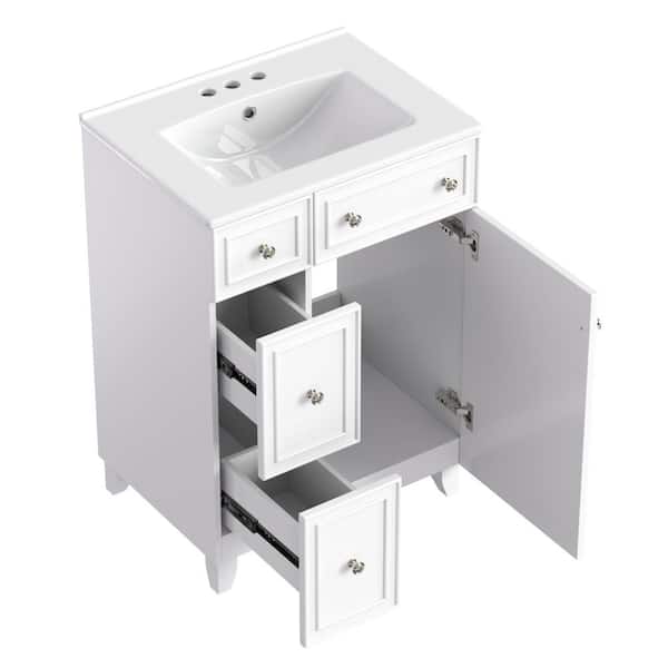 24in.W x 18.3 in.D x 34.3 in.H White Bathroom Vanity Cabinet Freestanding,2 Drawers, 1 Door,Top Ceramic with White Basin