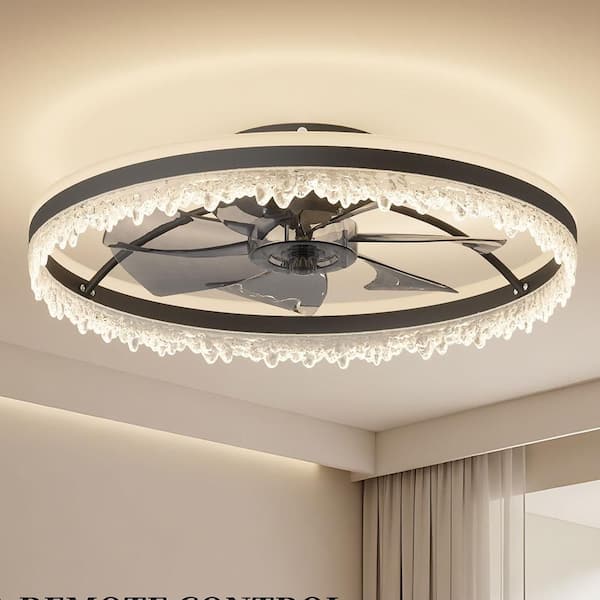 24 in. Black Flush Mount crystal Standard ceiling Fan with Integrated LED Light Profile Fandelier Ceiling Fan Light Kit