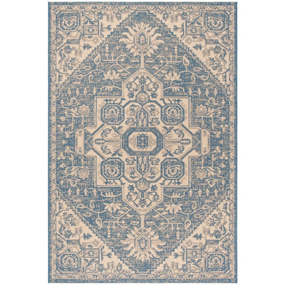 Cream and Blue Synthetic Medallion Indoor/Outdoor Area Rug