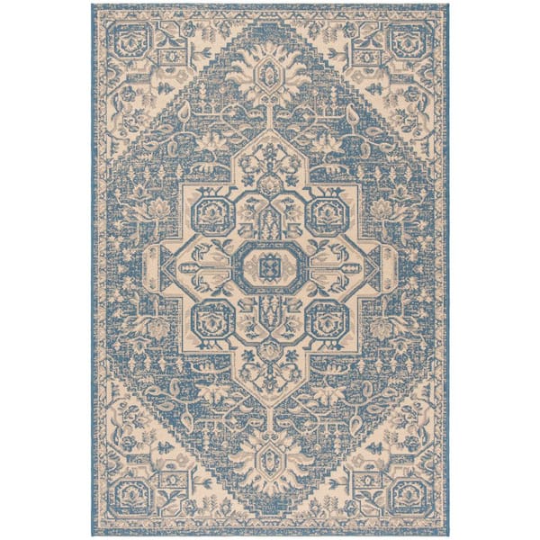 SAFAVIEH Beach House Cream/Blue Doormat 2 ft. x 4 ft. Kilim Floral Indoor/Outdoor Area Rug