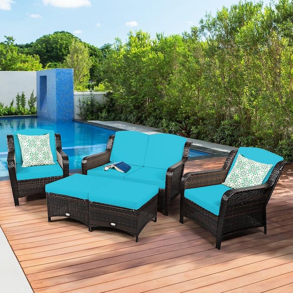 5-Pieces Wicker Outdoor Sectional Set Patio Conversation Set Loveseat Sofa Ottoman with Turquoise Cushions