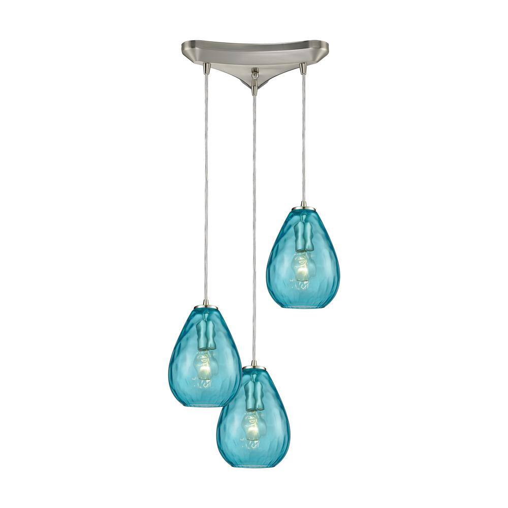 Lagoon Aqua Teardrop 3-Light Pendant in Satin Nickel