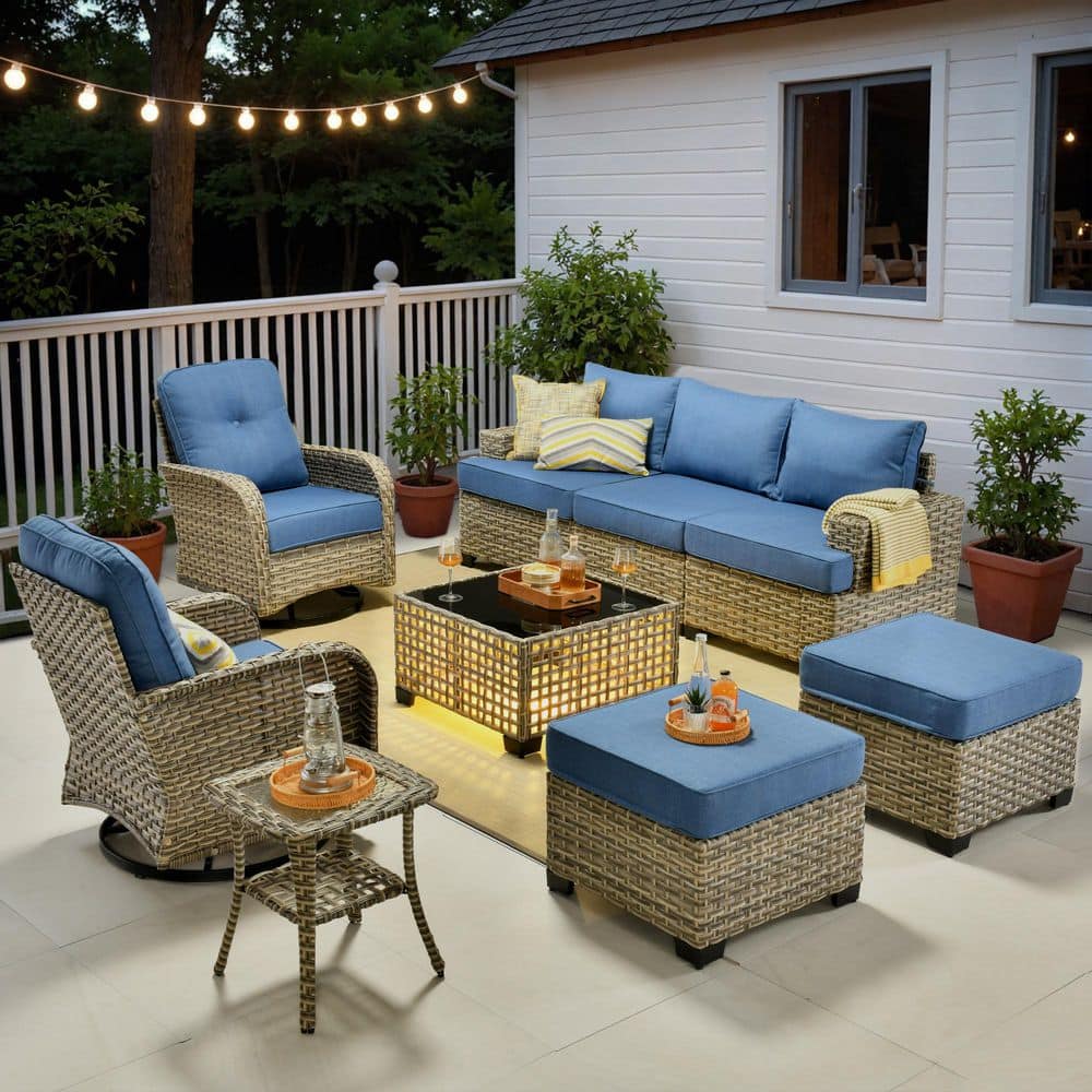 Tiberte Gray 9-Piece Wicker Outdoor Sectional Set with Denim Blue Cushions and Solar LED Coffee Table price history on PriceWatchPro