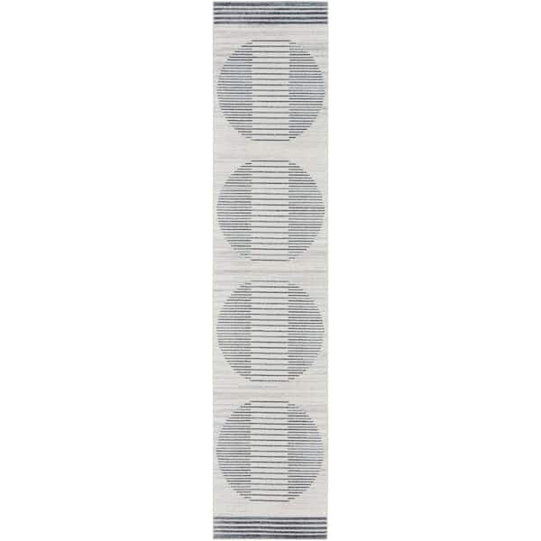 Nourison Astra Machine Washable Ivory Blue 2 ft. x 10 ft. Linear Contemporary Kitchen Runner Area Rug