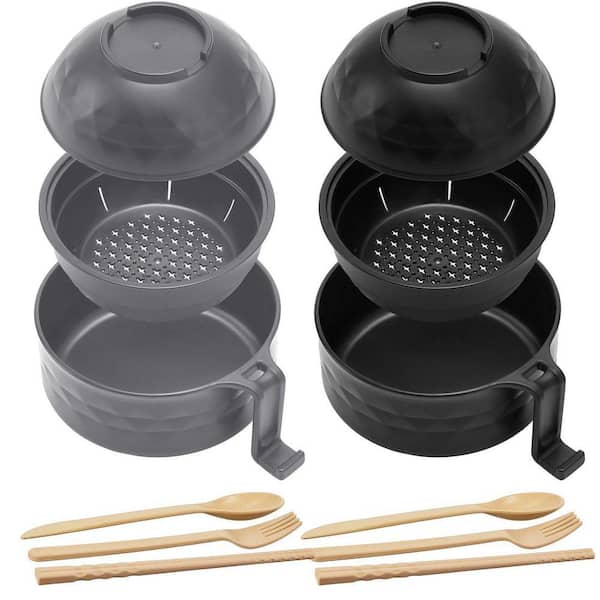 Silicon 2-Set 33 oz. Gray Black Wheat Fiber Microwave Ramen Bowl Cooker with Handles Strainer Spoon Fork