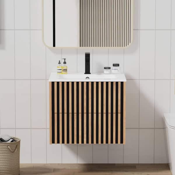 24 in. W x 18.3 in. D x 19.7 in. H Single Sink Floating Bath Vanity in Oak with White Ceramic Top and Drain Faucet Set