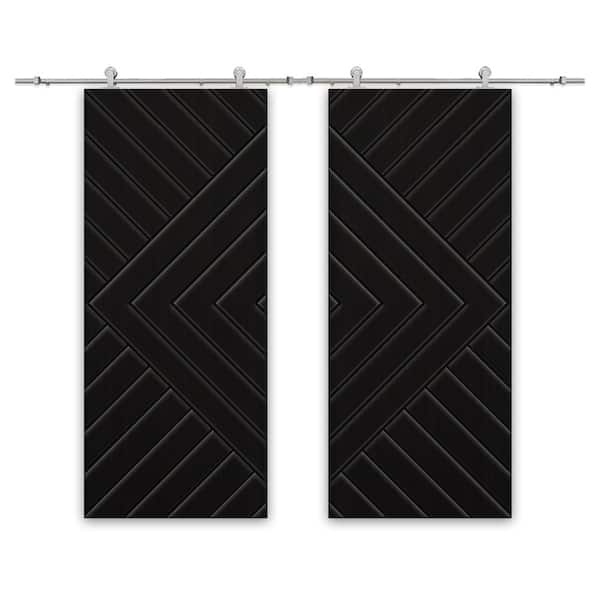 CALHOME Chevron Arrow 72 in. x 84 in. Fully Assembled Black Stained MDF Double Sliding Barn Door with Hardware Kit