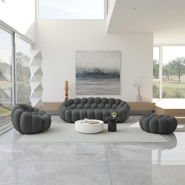 Bubble Mesh Fabric 98 in. Curved Living Room Set Sofa Floor Couch with Chair, Ottoman in Gray (Set of 3)