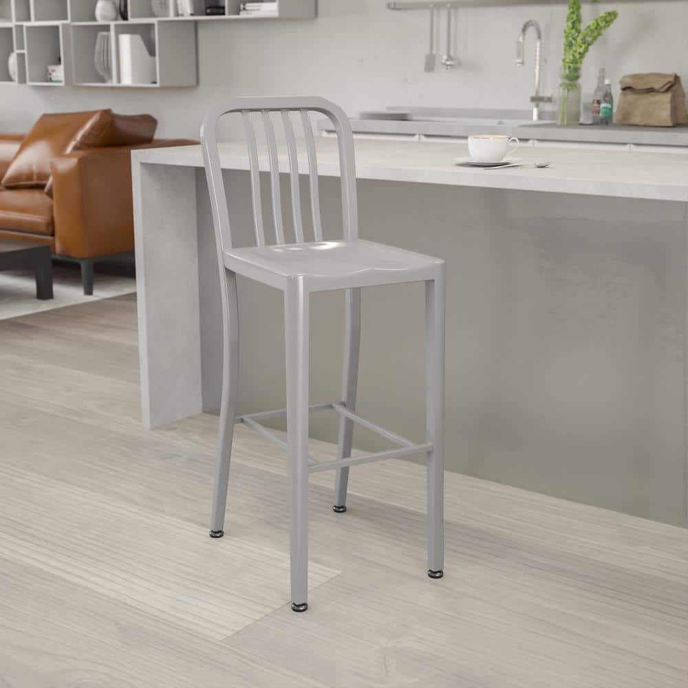 Silver Metal 30" High Indoor-Outdoor Barstool with Slat Back