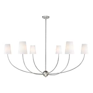 Shannon 62 in. 6-Light Brushed Nickel Shaded Chandelier-Light with White Glass Shade with No Bulbs included