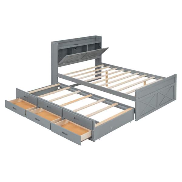 Gray Wood Frame Full Size Platform Bed with Storage Headboard with Outlets, Twin Size Trundle with 3 Storage Drawers