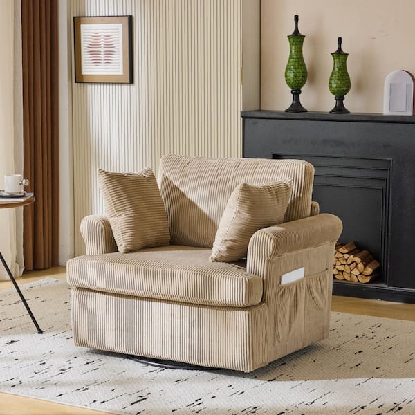 Karl home Khaki Corduroy Arm Chair with Wood Swivel Base