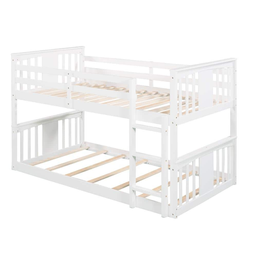 URTR White Twin Over Twin Low Bunk Bed with Headboard and Footboard ...